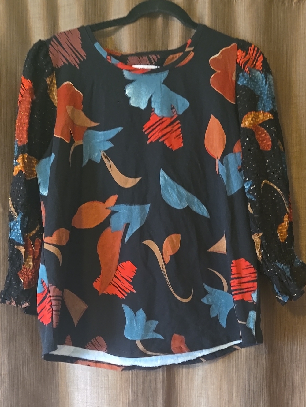 Chico's Black Floral-Print Long Sleeve Blouse with Blue & Orange Accents